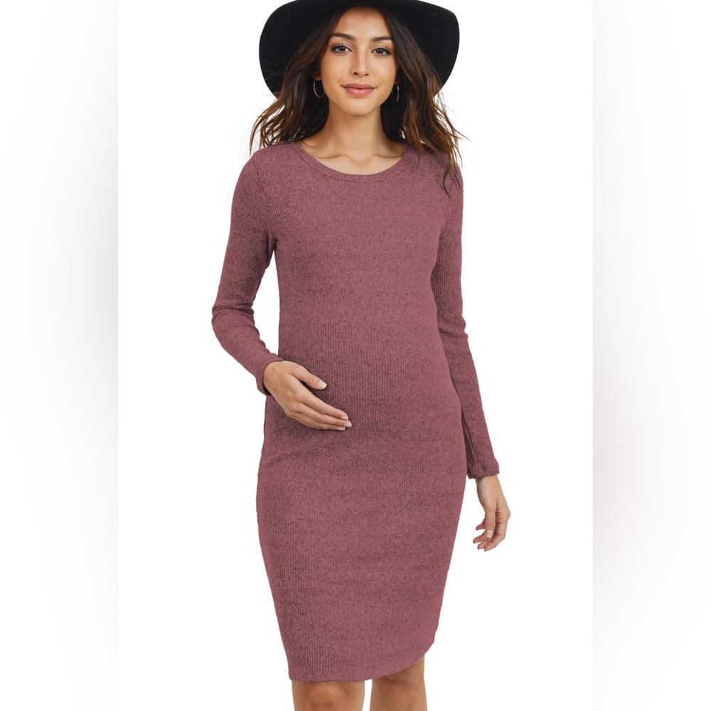HELLO MIZ Long Sleeve Rib Knit Maternity Dress, Size Small, Dusty Mauve